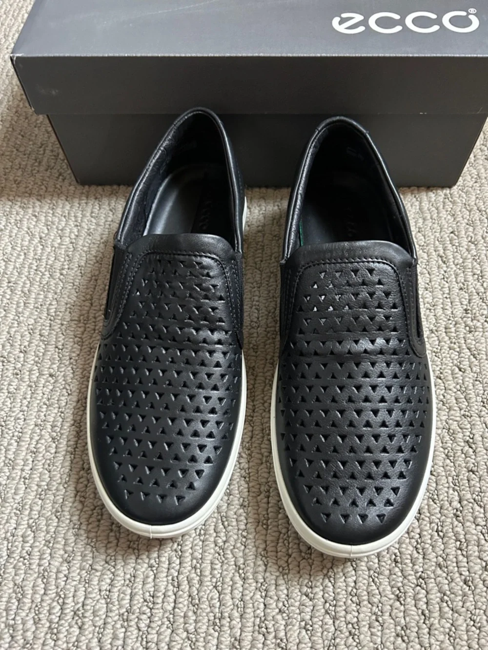 Ecco Black Perforated Leather Slip-On Sneakers with White Sole - Picture 3 of 5